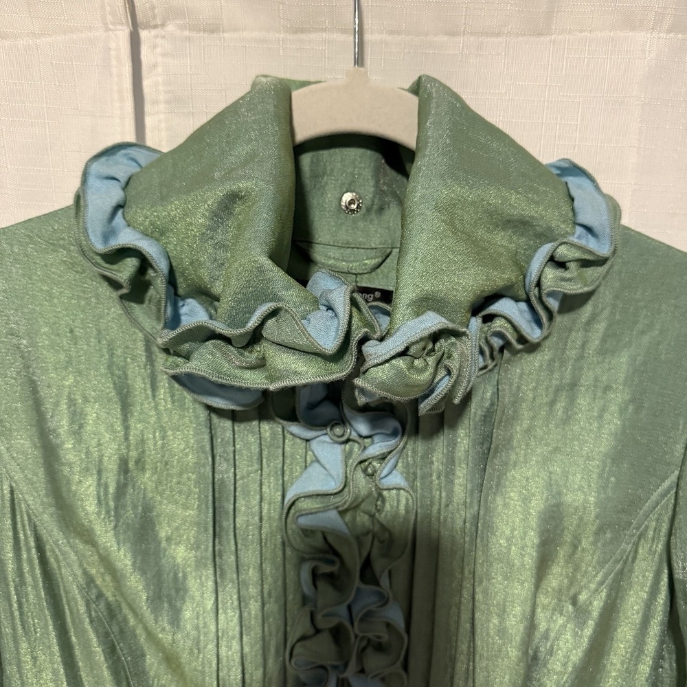 Samuel Dong Green Lagenlook Jacket Coat Dress Ruffle Trim Taffeta Avant Garde Sm - Picture 5 of 10
